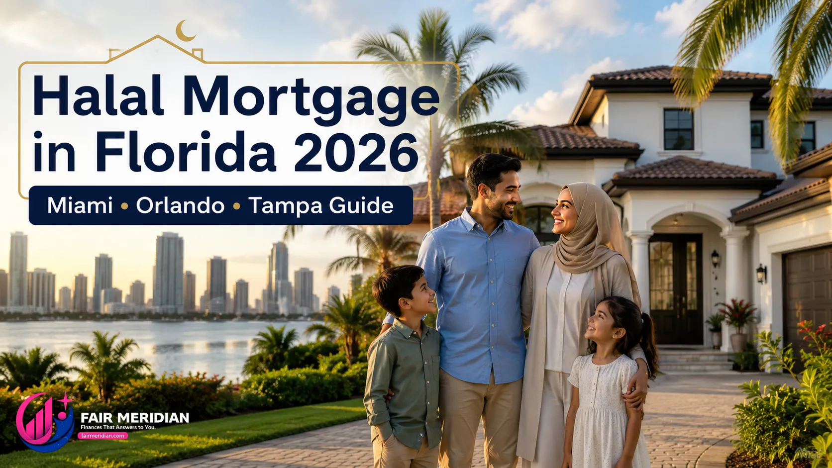 Muslim family outside a Florida home exploring halal mortgage options in Miami, Orlando and Tampa