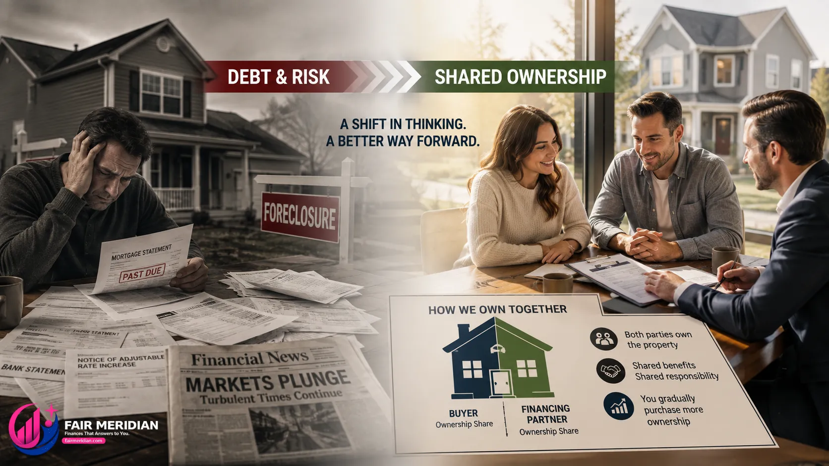 American homeowner comparing conventional mortgage debt with shared ownership financing
