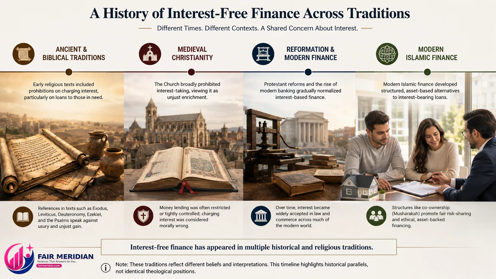 Historical timeline showing religious traditions and the development of interest-free finance