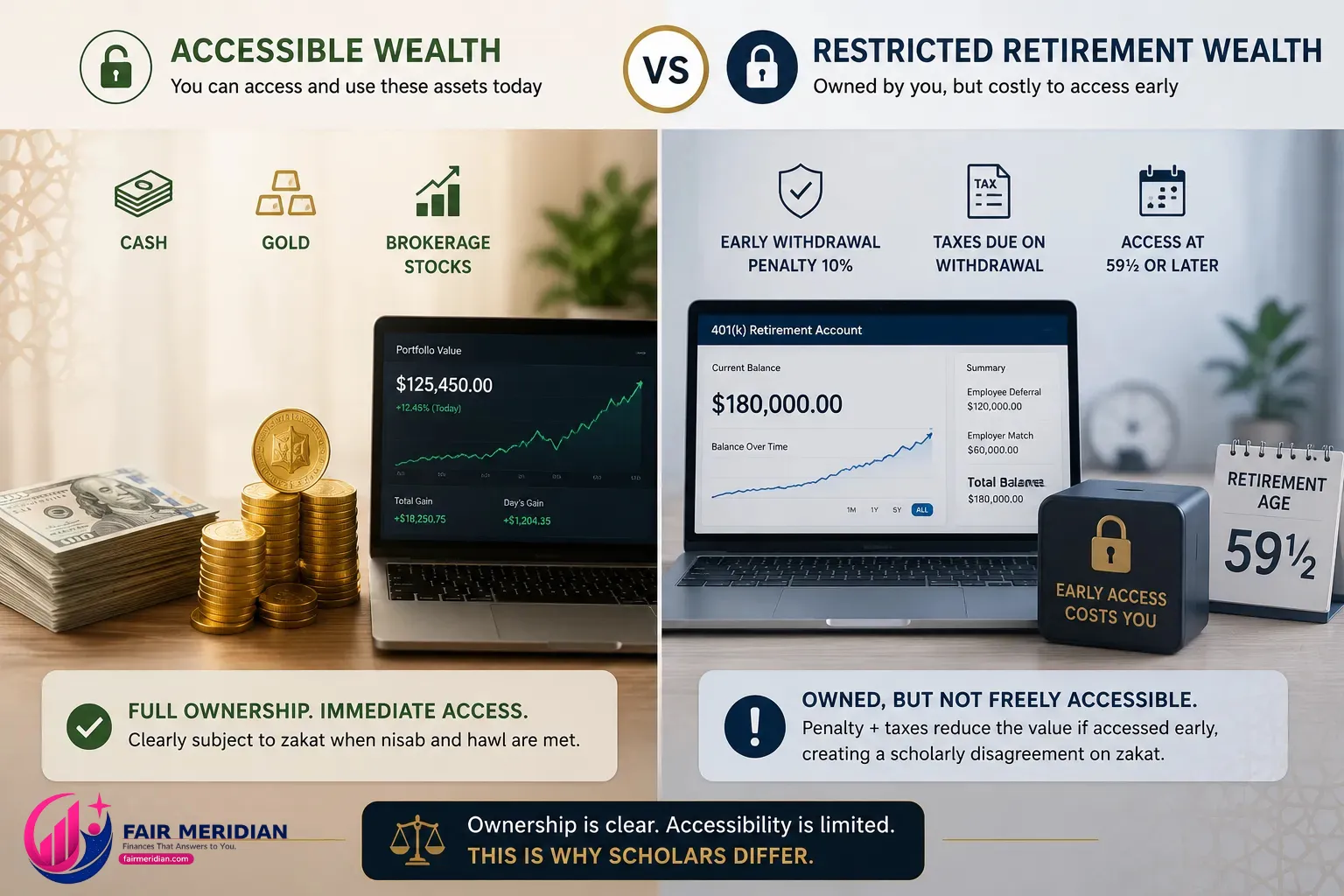 401k zakat ownership and accessibility compared with cash gold and stocks