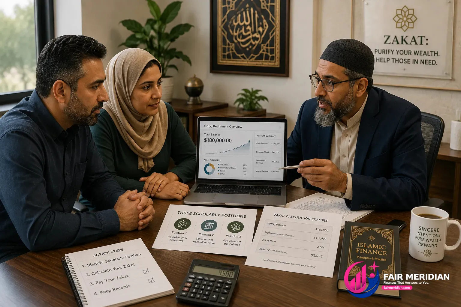 Muslim couple calculating zakat on a 401k with Islamic finance scholar guidance