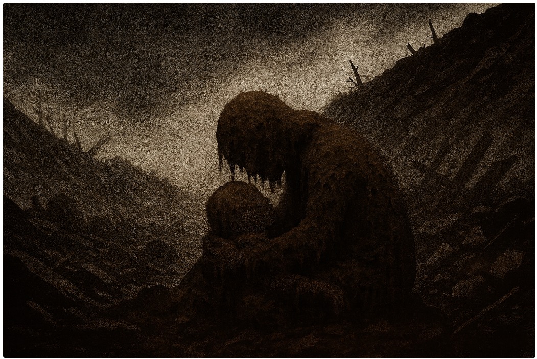 Ilustrasi ibu memeluk anak di tengah reruntuhan sebagai simbol protes kemanusiaan