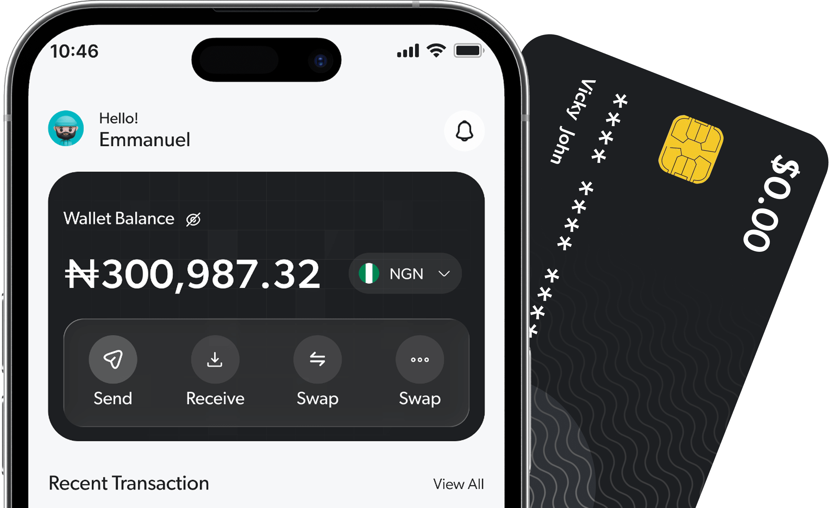 Payvessel mobile app on a phone showing digital wallet, virtual card, and international payment features