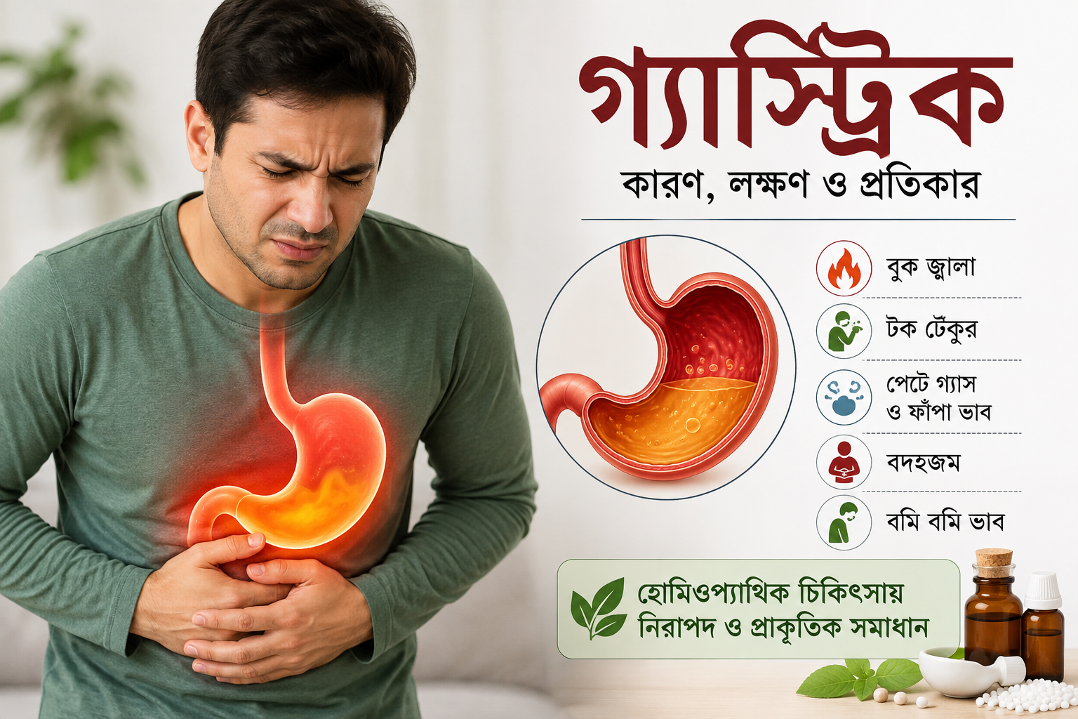 গ্যাস্ট্রিক বা অম্লতা: কারণ, লক্ষণ, প্রতিকার ও হোমিওপ্যাথিক চিকিৎসা