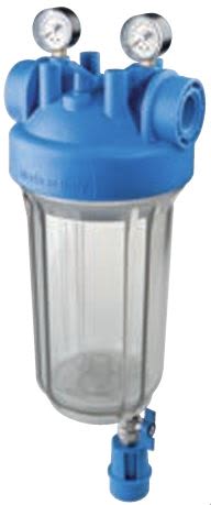 Big Clear Housing DP Mono 20" - 1" 1/2 Plastic BSP w/2 manometers & discharge valve