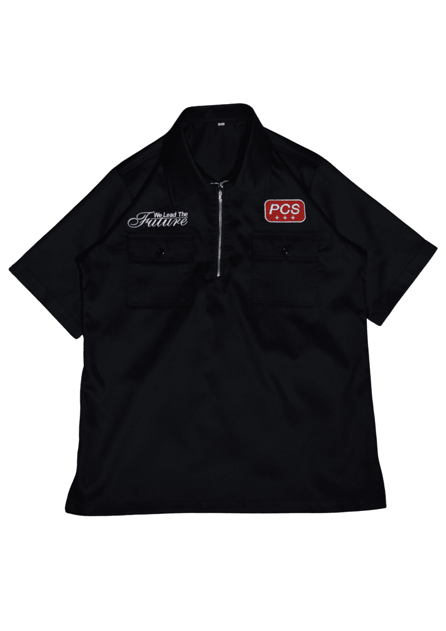 Classic Black Workshirt - Front view featuring half-zip YKK zipper