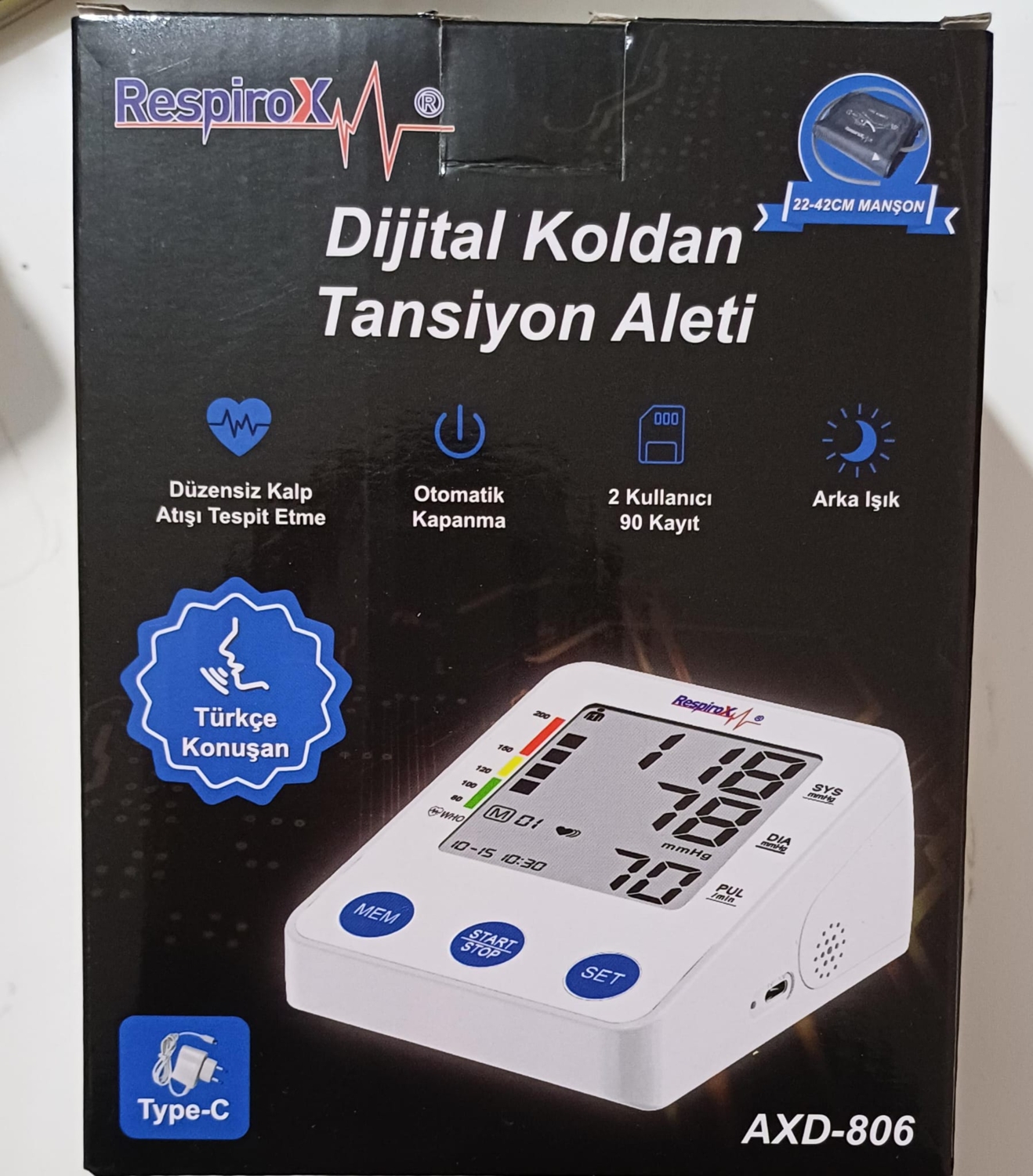 Image 1 of a product Respirox AXD-806 Türkçe Konuşan LCD Ekran Koldan Adaptörlü Tansiyon Aleti – Yeni AXD-806
