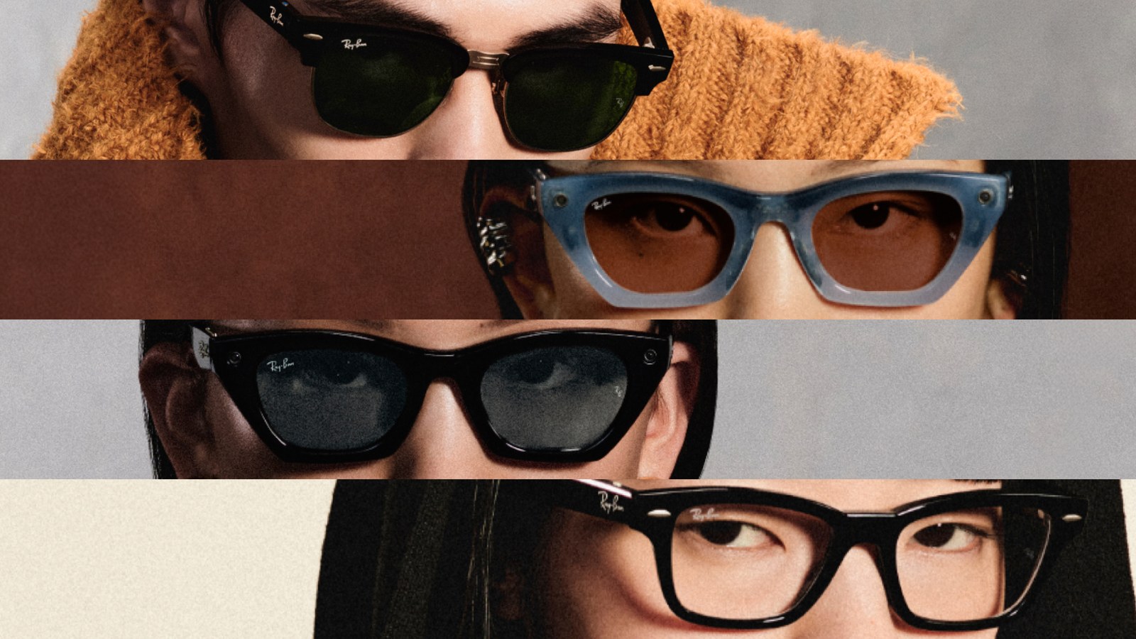 Four styles of Meta's AI glasses shown as a strip of close-up portraits