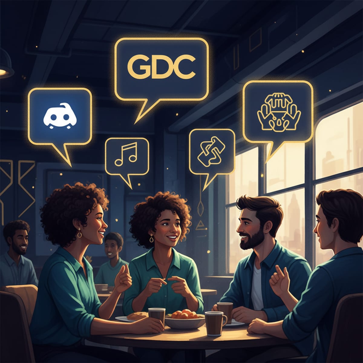Game audio networking in action at an industry event, showing authentic connections between professionals.