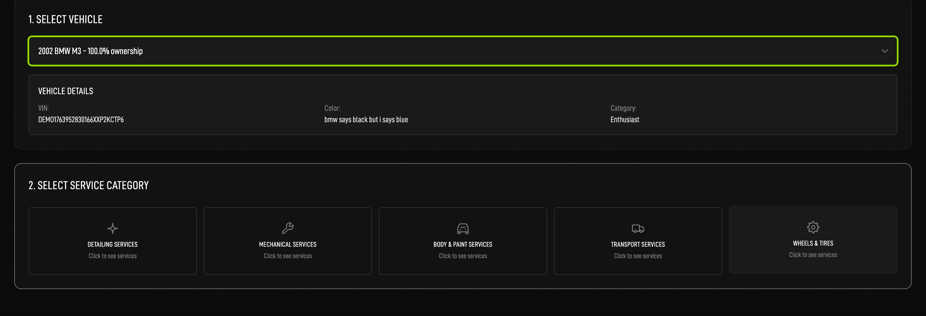 Service booking with vehicle selection and service categories