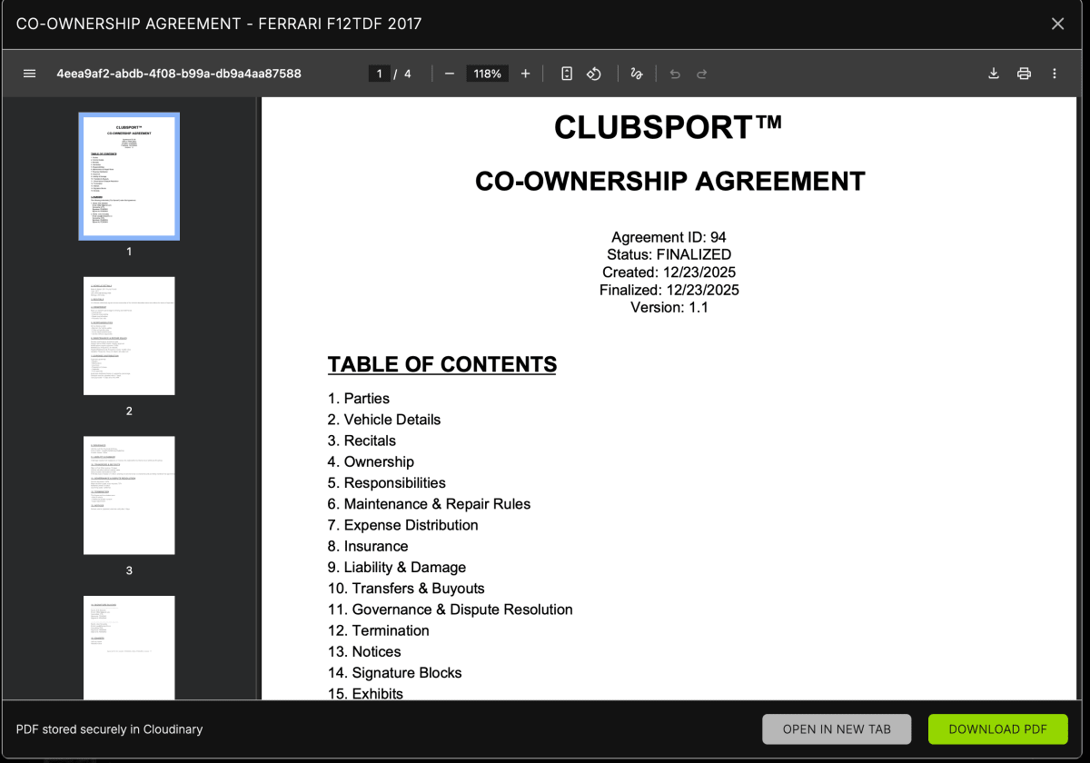 PDF agreement viewer showing co-ownership agreement document with signing workflow