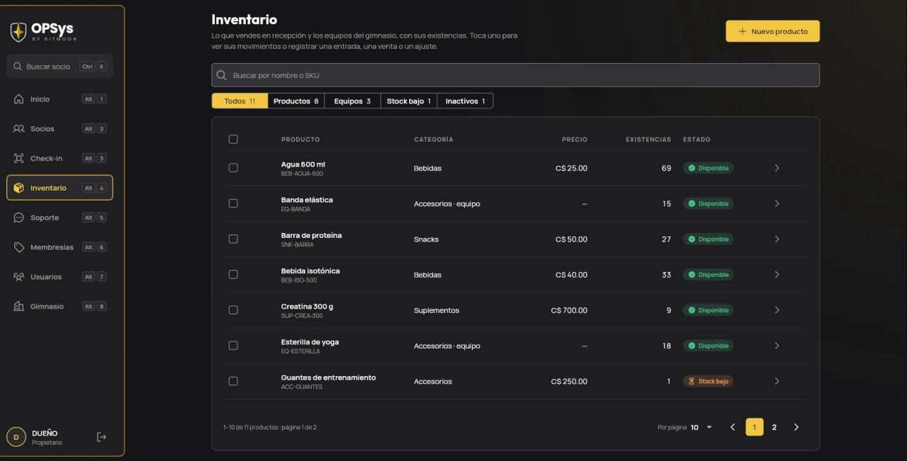 Inventario de OpSys con productos y equipos, su categoría, precio, existencias y el aviso de stock bajo.