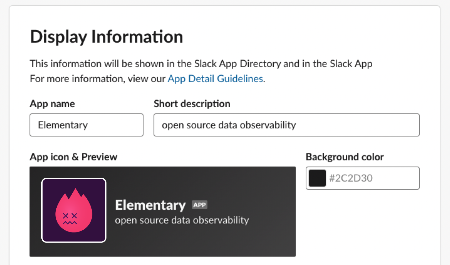 Slack app display settings