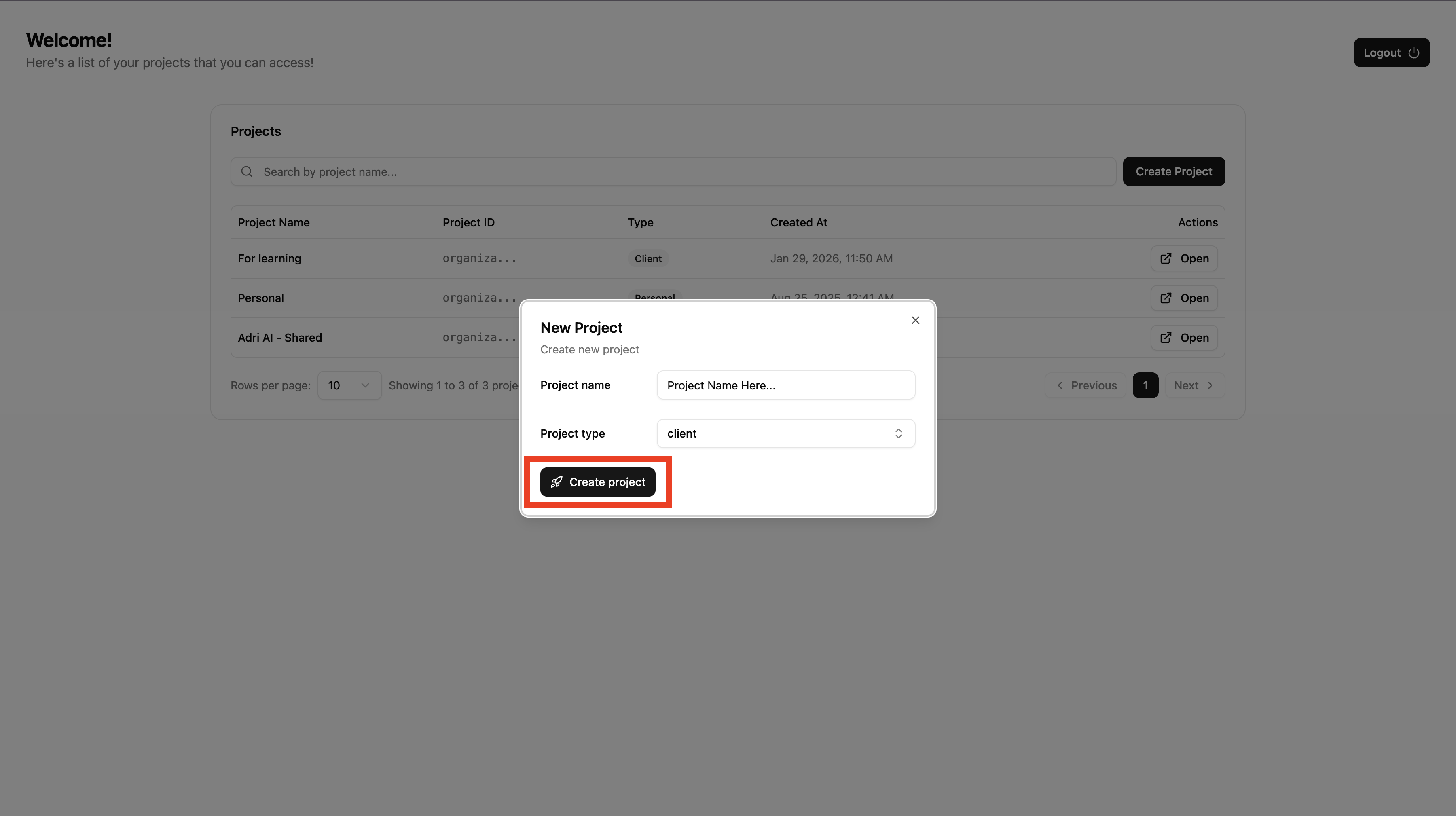 Step 3 placeholder: highlight Create Project