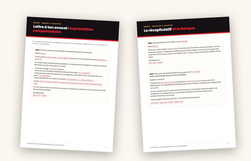 Deux pages de modèles de lettres : prestation compensatoire, récapitulatif et banque