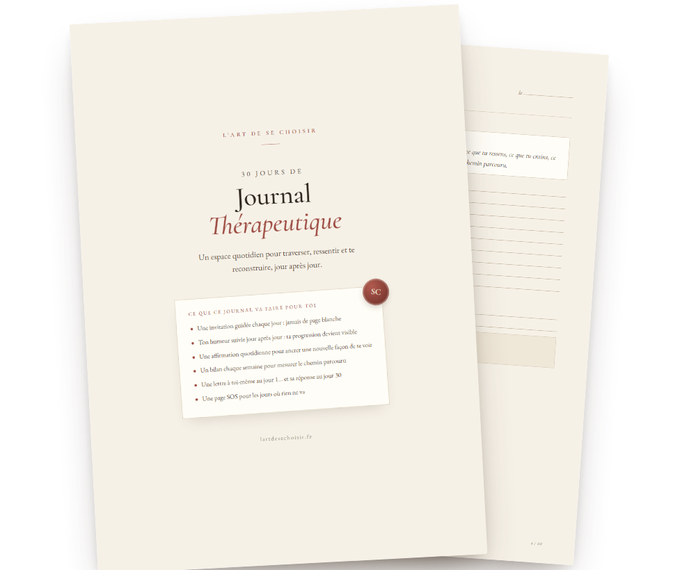 Le Journal Thérapeutique 30 jours : la couverture et une page d'écriture guidée