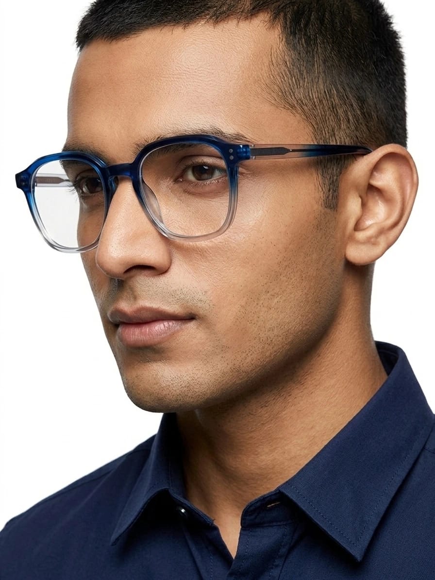 EYECONIC| HAND MADE | ACCETATE | BLUE & CLEAR | SIZE :- L WITH FREE ZERO POWER BLUCUT LENS