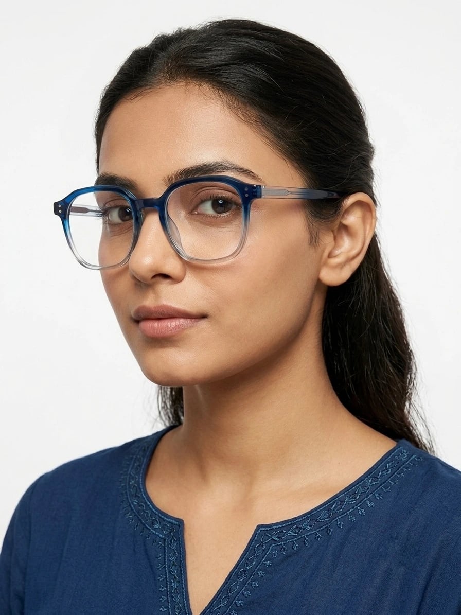 EYECONIC| HAND MADE | ACCETATE | BLUE & CLEAR | SIZE :- L WITH FREE ZERO POWER BLUCUT LENS