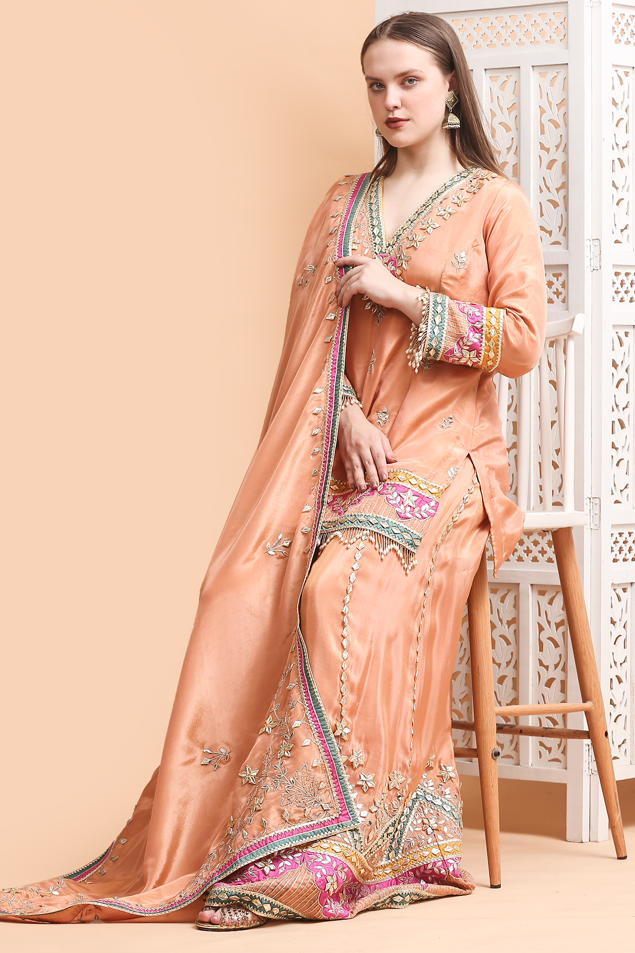 Elegant Handcrafted Peach Kurta Set Set