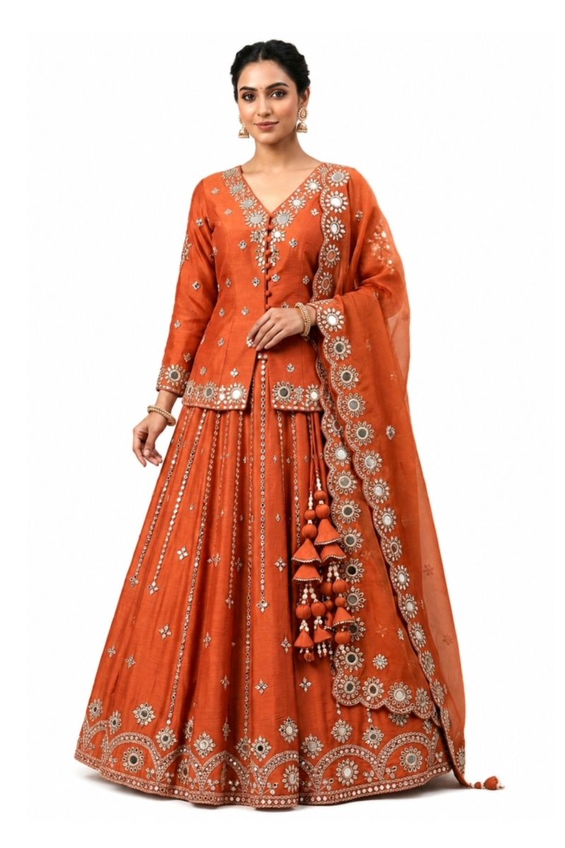 Women's Rust Orange Mirror Work Lehenga Set with Embroidered Jacket & Dupatta