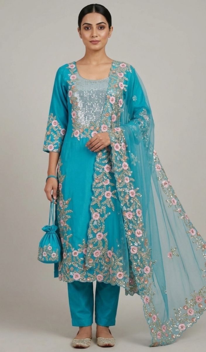 Designer Teal Blue Floral Embellished Kurta Set with Handcrafted Organza Dupatta