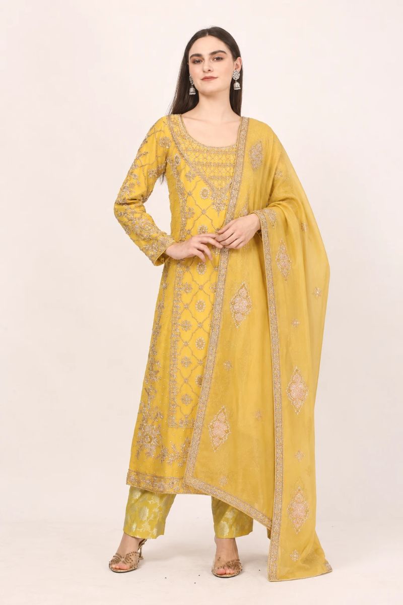 Yellow Pure Organza Suit Set with Hand-Crafted Zardozi Embroidery