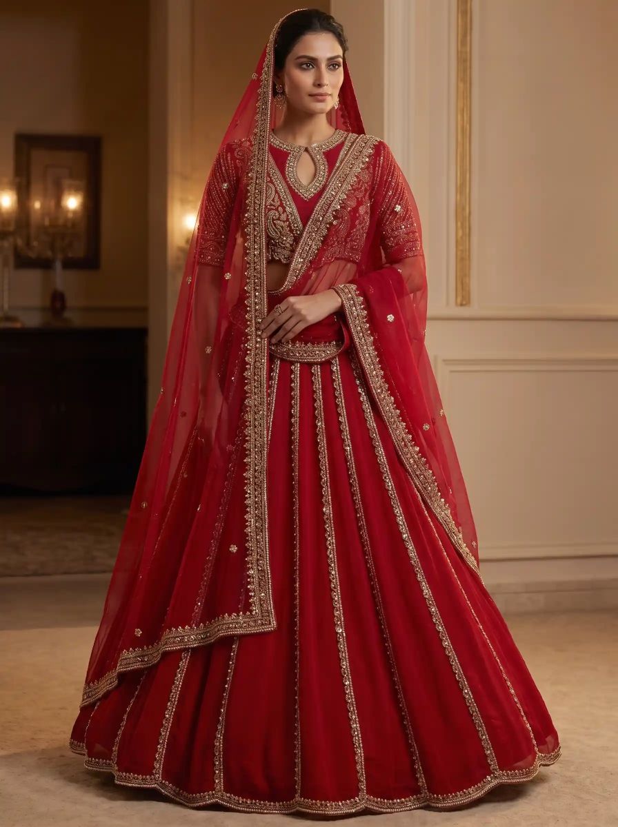 Premium Red Pure Silk Lehenga Set | Intricate Nakshi, Sequins & Pearl Embroidery