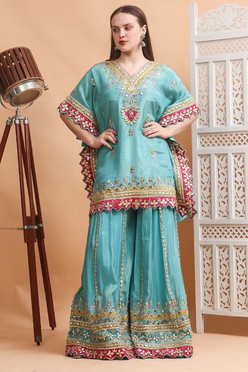  Tissue Silk Gota Patti Embroidered Kaftan Sharara Set for Women | Premium Designer Ethnic Wear