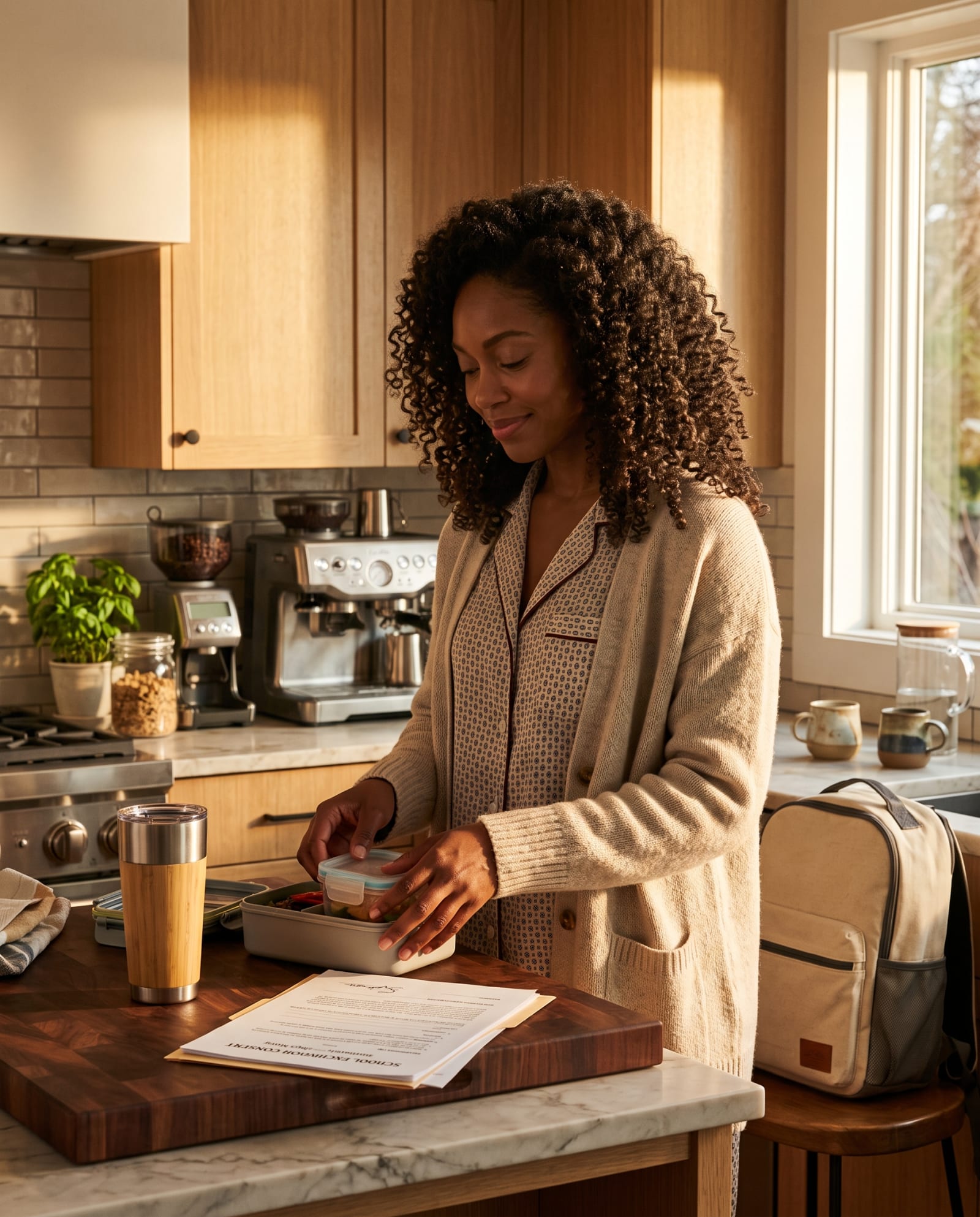 A Black woman packing a school lunch in her kitchen in early morning light.