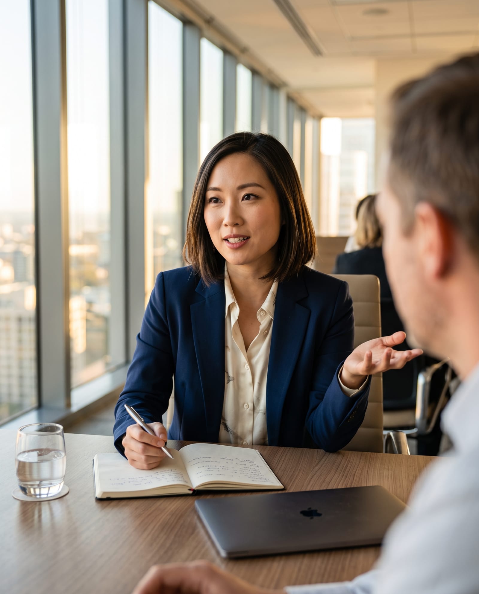 An Asian woman leading a meeting in a glass-walled conference room.