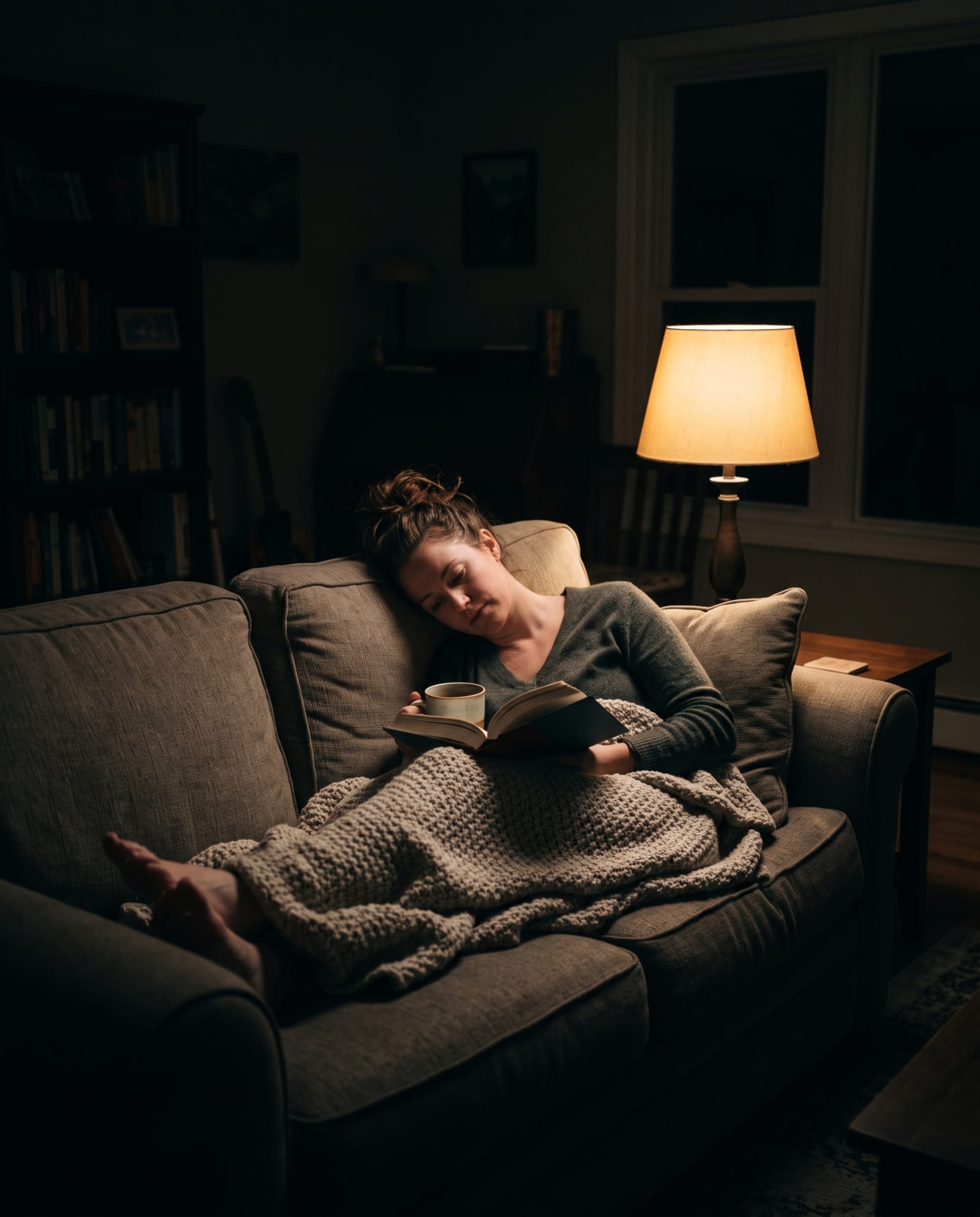 A white woman reading on her couch by lamp light.