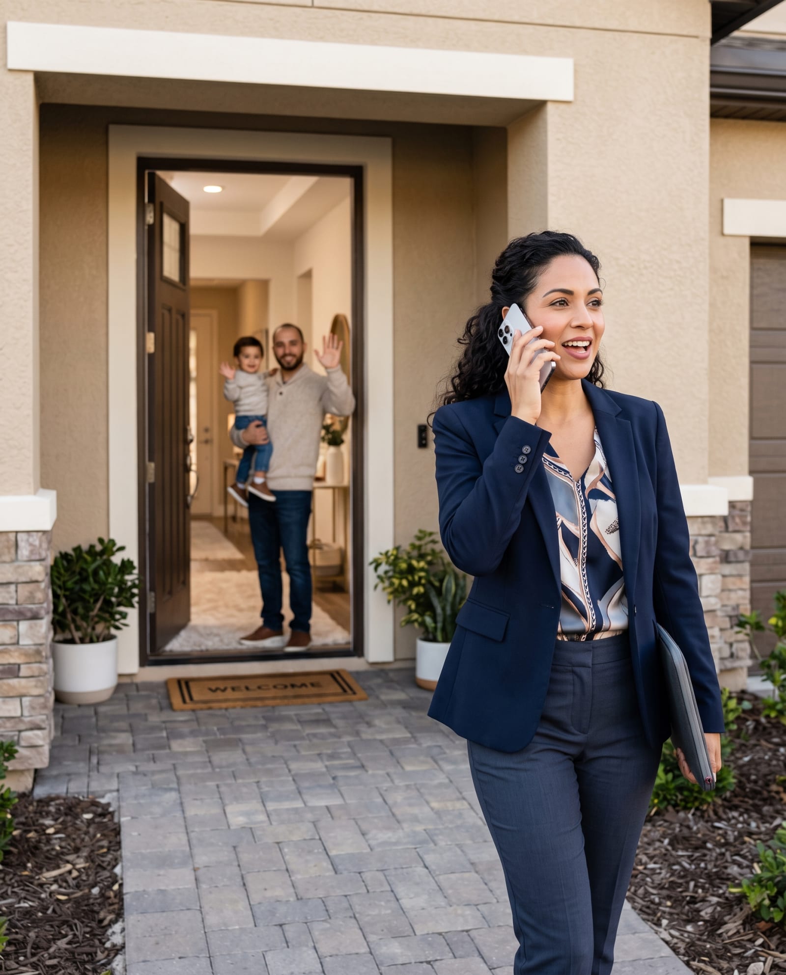 A Latina woman walking away from her home on a business call, her partner holding their child in the doorway behind her.