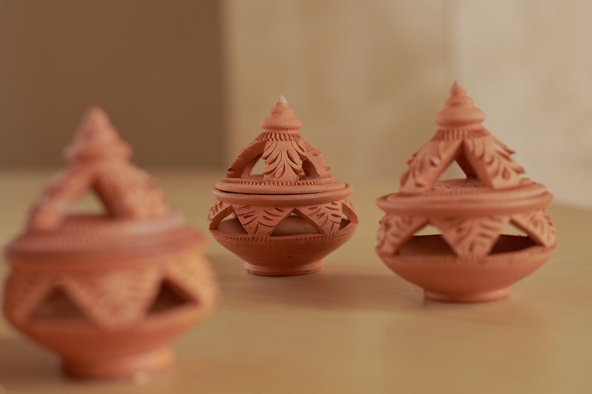 Ceramic Tealight Mini Burners, set of three, hand-shaped clay