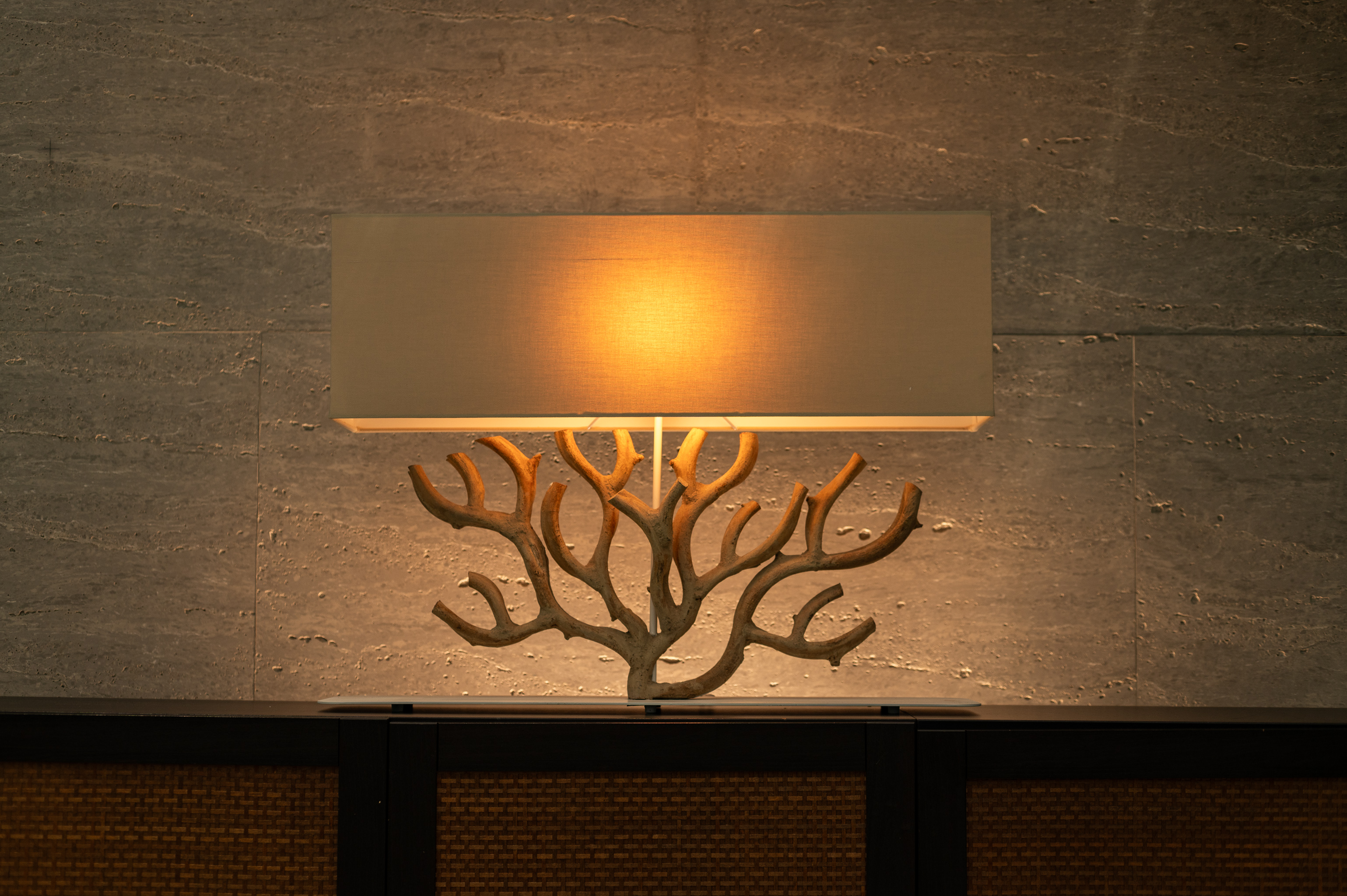 Coralis Table Lamp, reclaimed vine base, natural linen shade