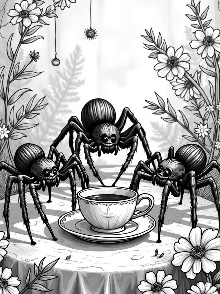 3 spiders having a tea party / Coloring Page / Learning Corner