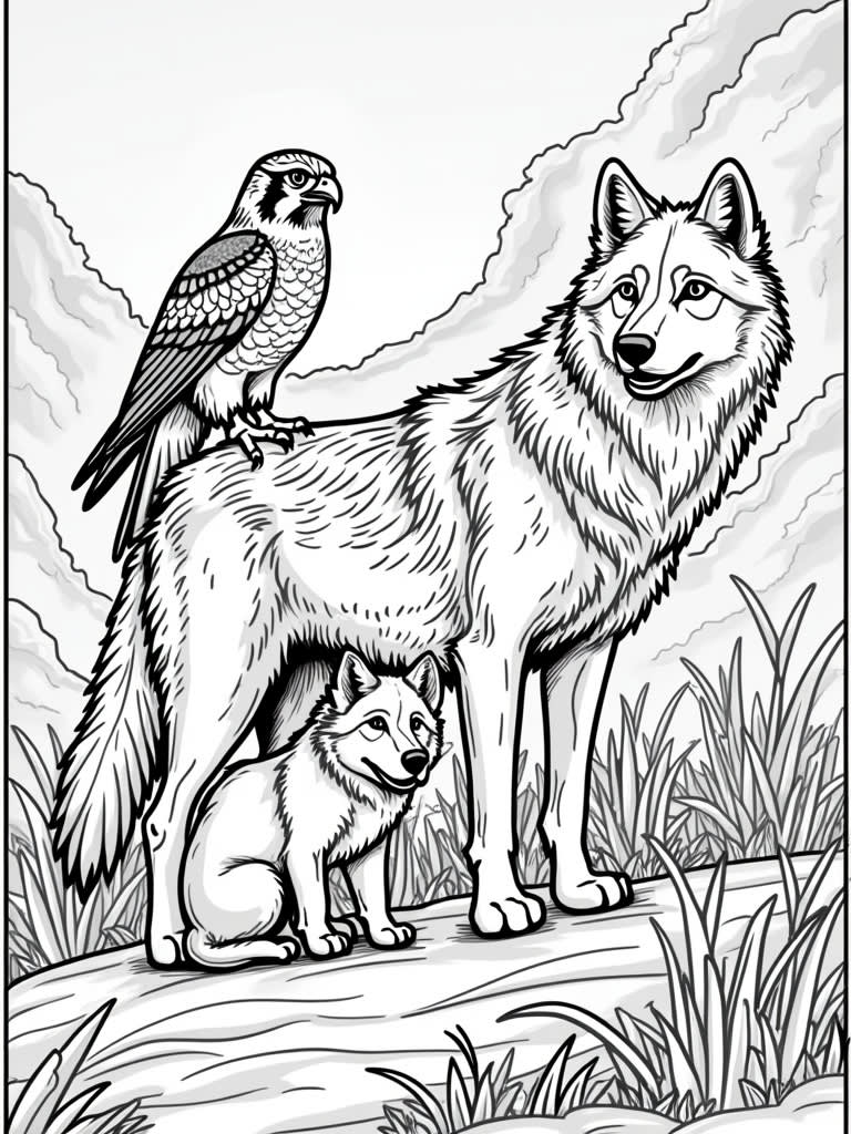 A family of wolves with a falcon / Coloring Page / Learning Corner