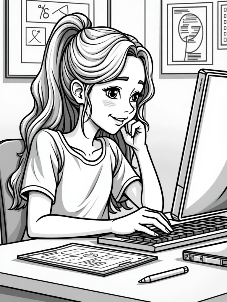 A girl coding on computer / Coloring Page / Learning Corner