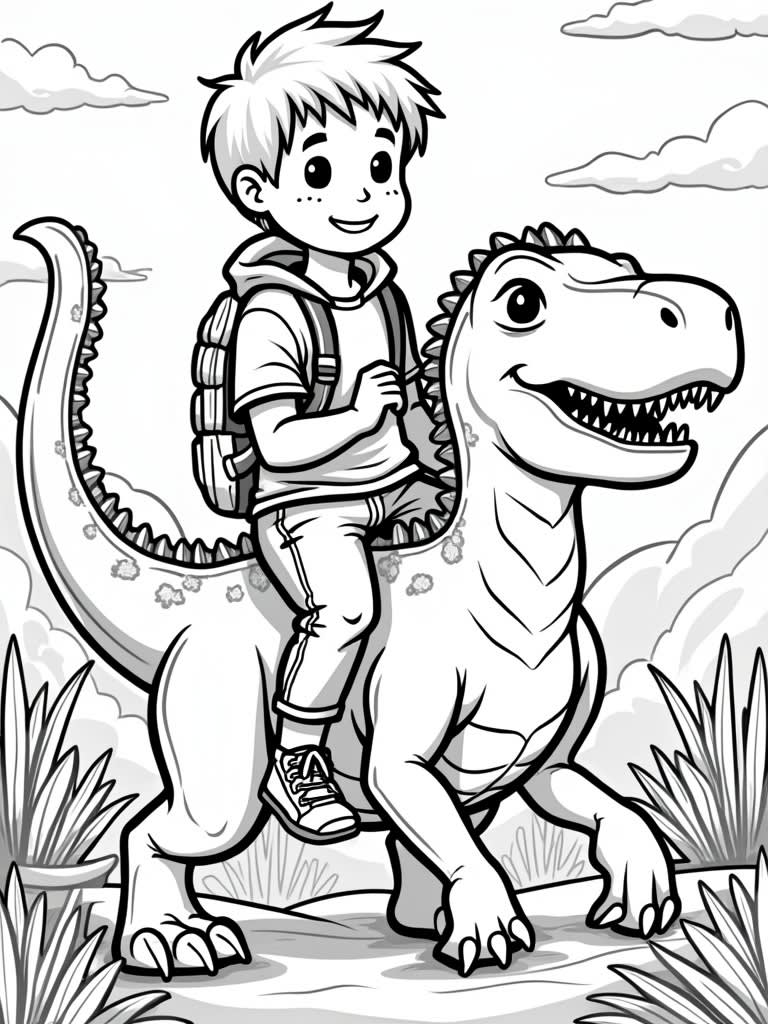 Boy riding a dino / Coloring Page / Learning Corner
