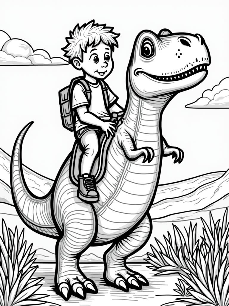 Boy riding a dino / Coloring Page / Learning Corner