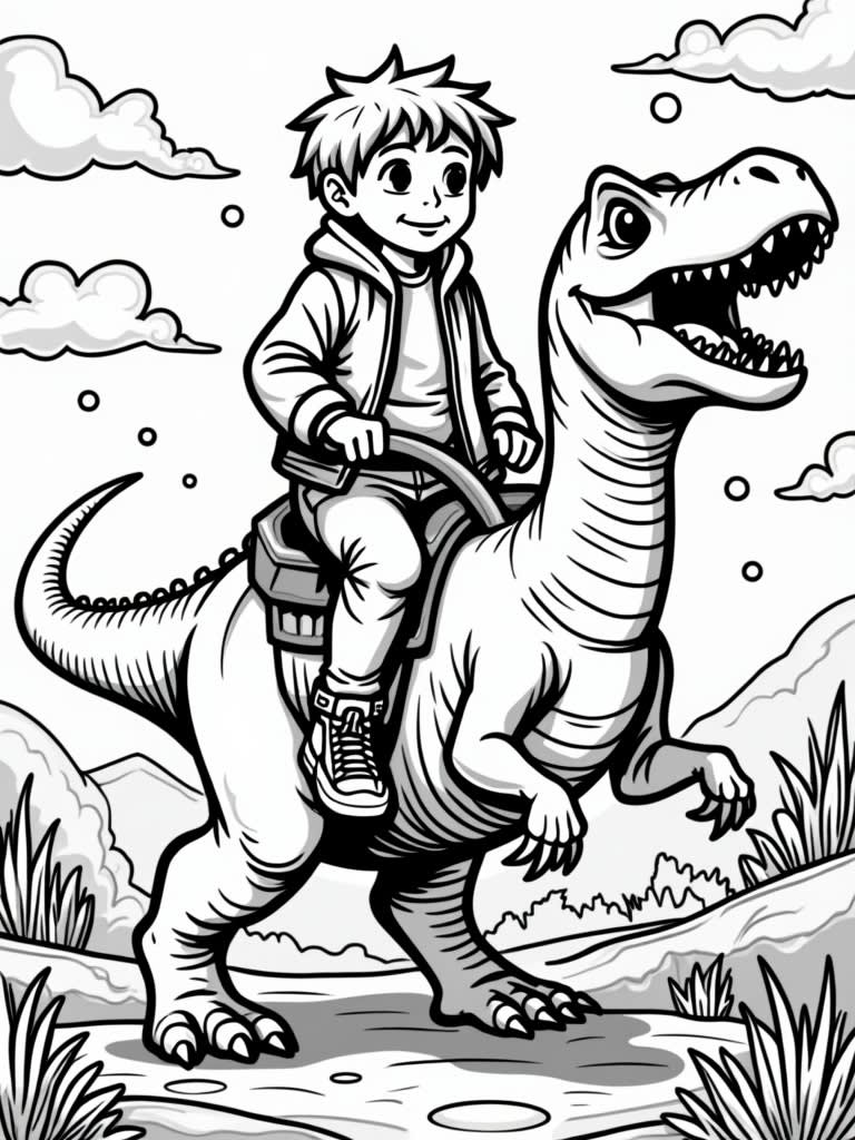 Boy riding a dino / Coloring Page / Learning Corner