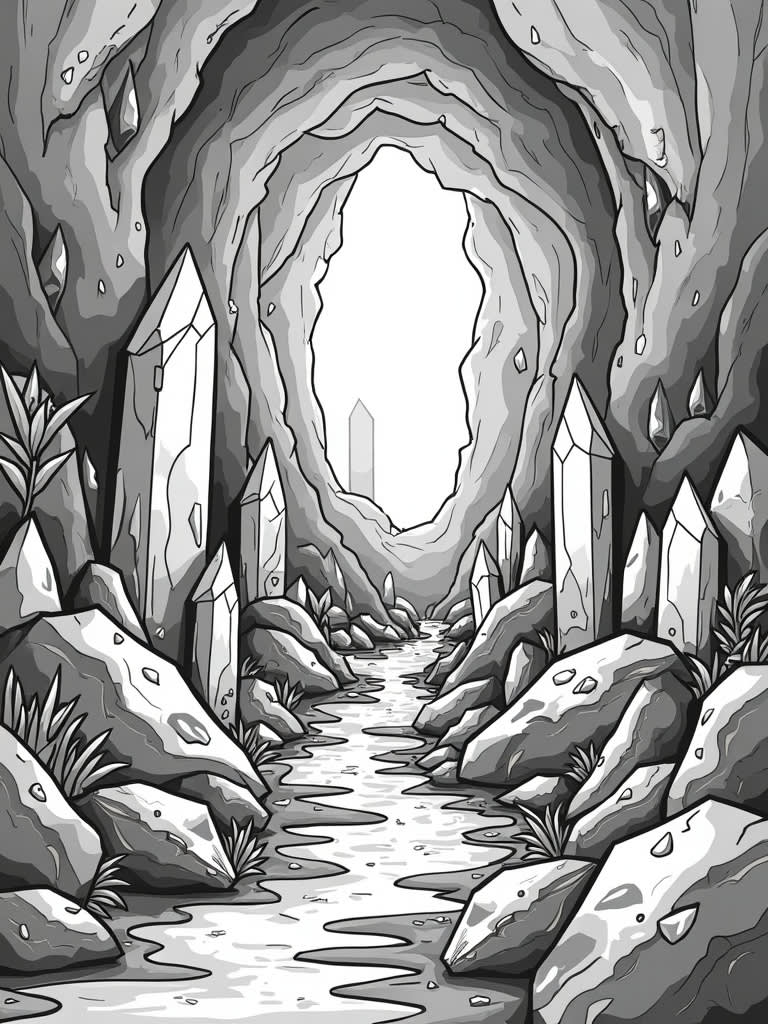 Crystal s and diamonds in a cave / Coloring Page / Learning Corner
