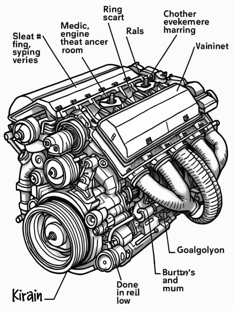 Diagram of a car’s engine with labels / Coloring Page / Learning Corner