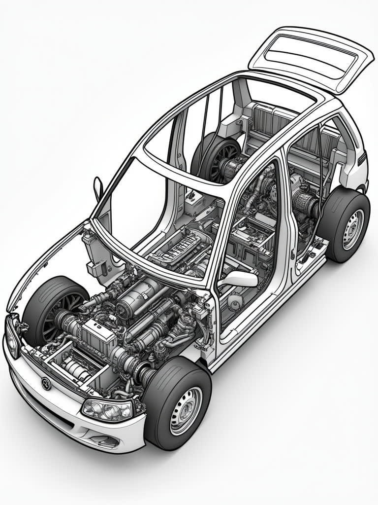 Exploded technical view of car / Coloring Page / Learning Corner