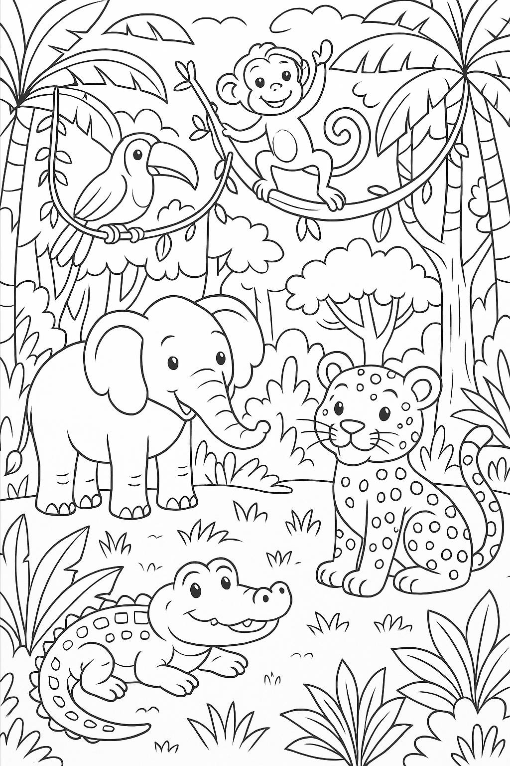 Jungle scene with animals / Coloring Page / Learning Corner