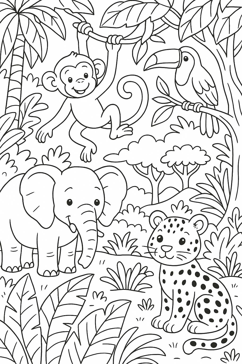 Jungle scene with animals / Coloring Page / Learning Corner