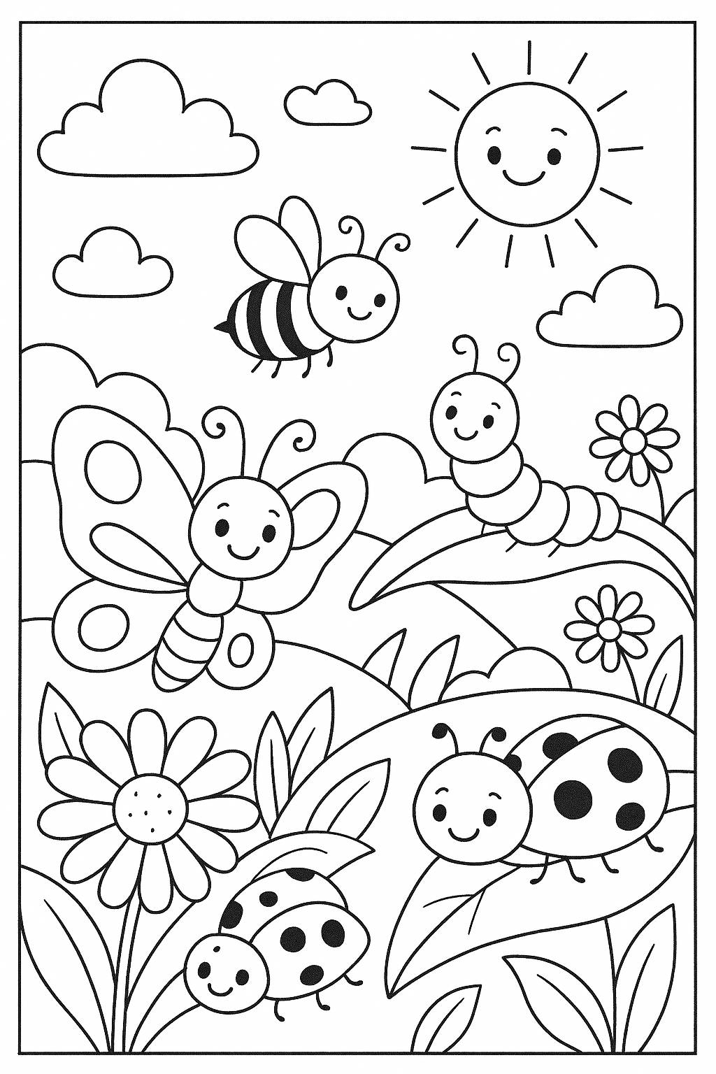 Landscape with cute insects / Coloring Page / Learning Corner