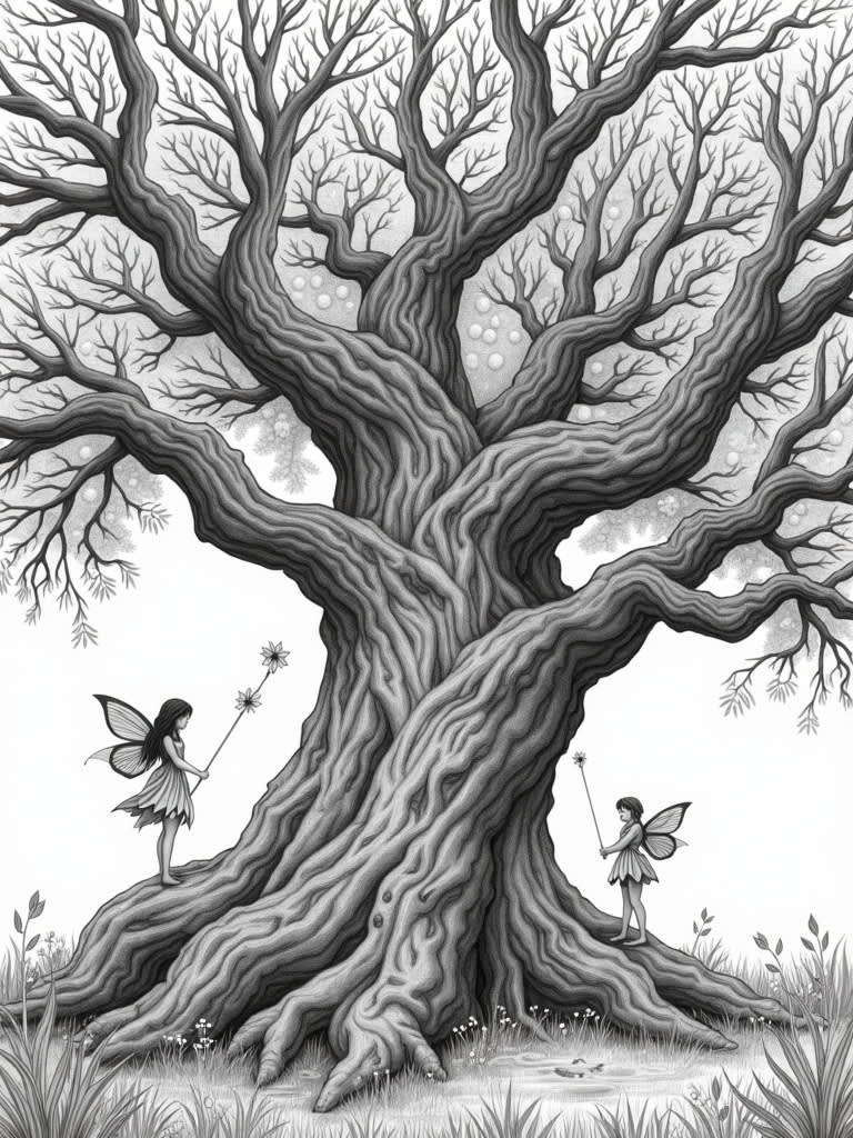 Old oak tree mystical and magical scene with fairies / Coloring Page ...