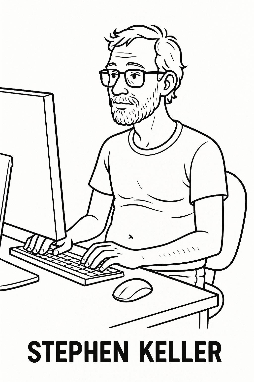 Stephen Keller, skinny dad bod, beard and glasses sitting at a computer ...