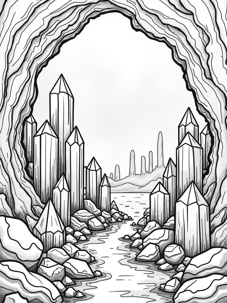 crystals and diamonds in a cave / Coloring Page / Learning Corner