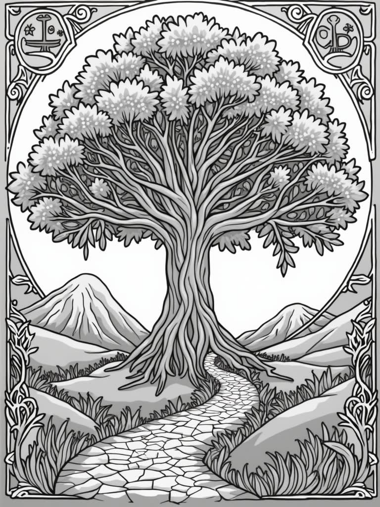 make a badge with a path leading to the tree of life and title it 'The ...